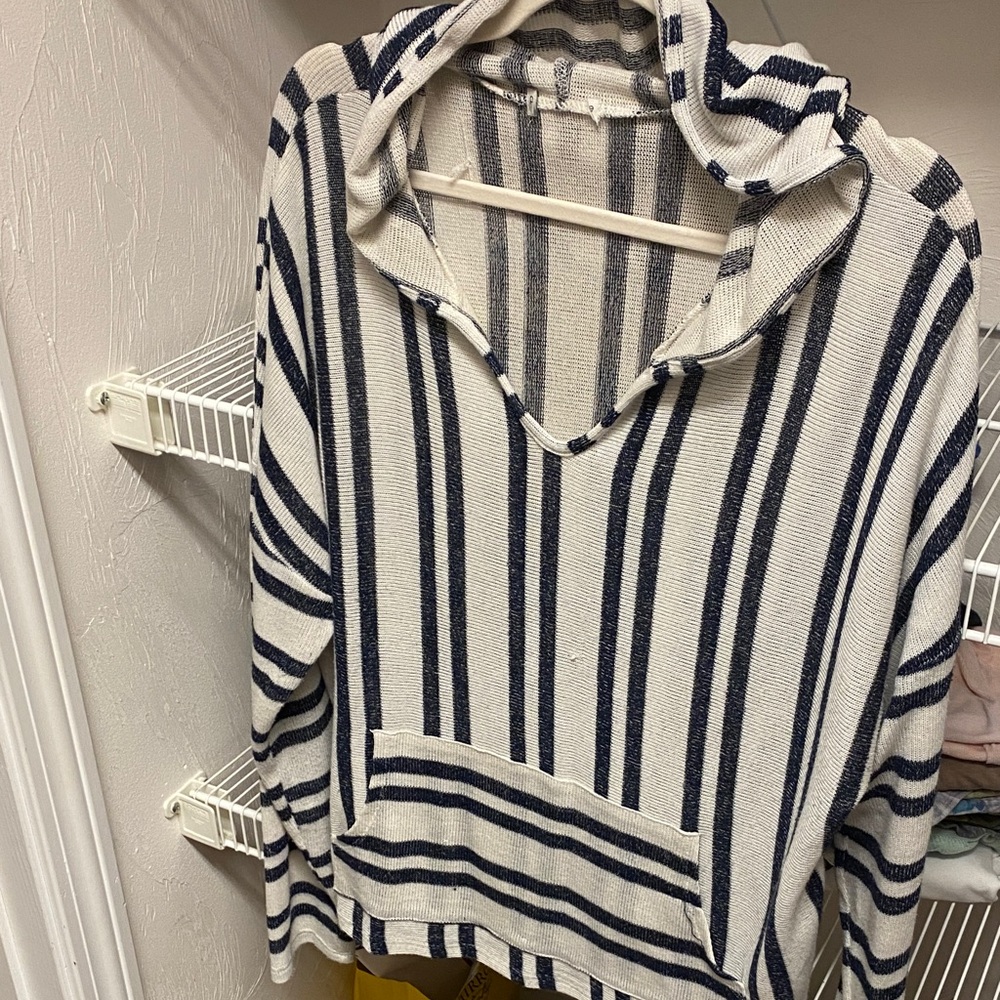 Striped V-Neck Sweater - Navy and White